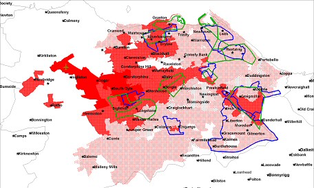 Public Transport Travel Time, Areas of High Unemployment and Social Inclusion Partnership Areas in Edinburgh.